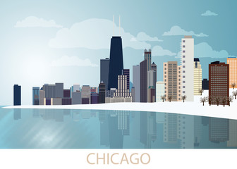 Winter Panorama of Chicago city with skyscrapers, frozen lake Michigan, Willis Tower, trees, snow and blue sky and sunny day. Landscape, view, USA. Vector illustration EPS 10
