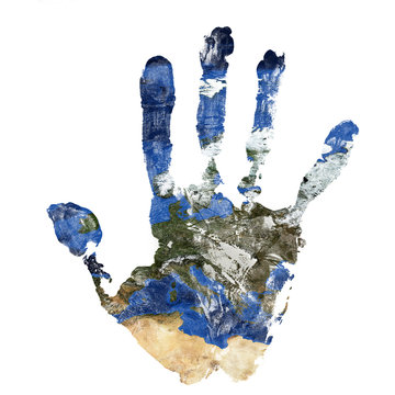Real hand print combined with a map of Europe of our blue planet Earth. Elements of this image furnished by NASA