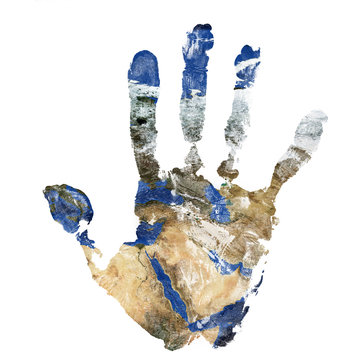 Real hand print combined with a map of The Middle East - of our blue planet Earth. Elements of this image furnished by NASA