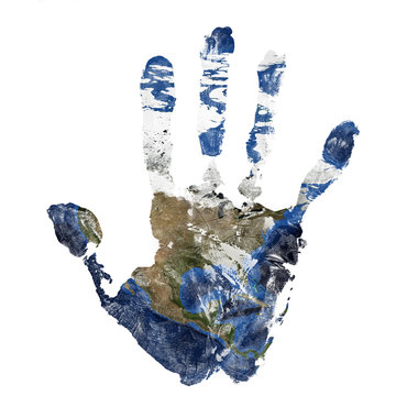 Real hand print combined with a map of North America - of our blue planet Earth. Elements of this image furnished by
