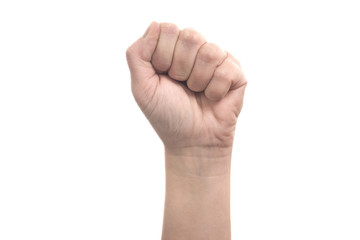 Left female hand fist - human hand gesture isolated on white background with copyspace