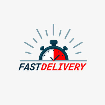 Fast delivery icon. Timer and fast delivery inscription on light background. Fast delivery, express and urgent shipping, services, chronometer sign.