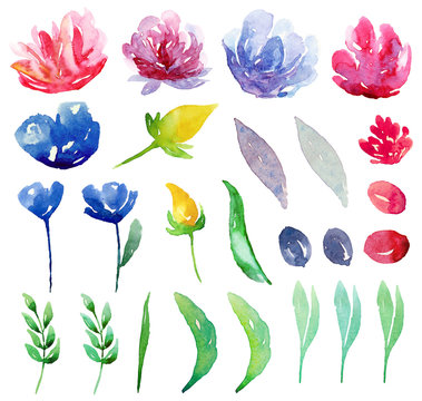 Watercolor abstract flowers clipart. Floral clip art set