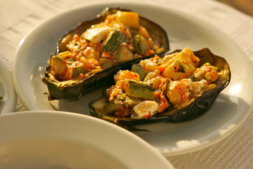 Stuffed eggplant with grilled vegetables, restaurant, food, Turkey.