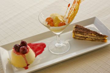 Panna cotta with ice cream and cake, molecular gastronomy, dessert.