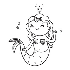 Cute cartoon mermaid girl silhouette. Vector contour illustration for coloring.