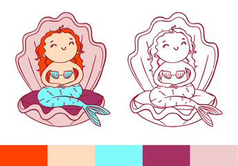 Coloring page. Cute cheerful mermaid in pink shell.