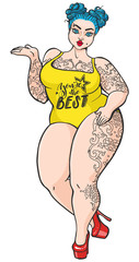 Curvy plump cartoon girl in retro pop art style. Vector isolated plus size woman with tattoos and blue hair.