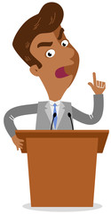 Vector illustration of a furious asian cartoon businessman standing behind high desk on podium isolated on white background
