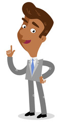 Vector illustration of an attentive asian cartoon businessman standing and pointing with finger isolated on white background