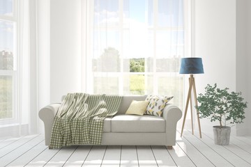 Idea of white room with sofa and summer landscape in window. Scandinavian interior design. 3D illustration