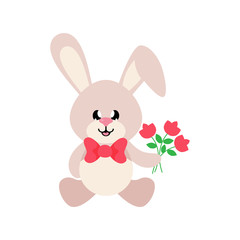 Obraz premium kreskówka ładny króliczek siedzi z krawatem i kwiatami