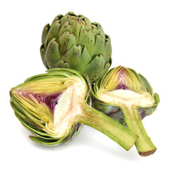 one whole and haft artichoke on a white background