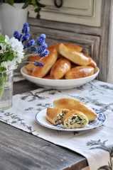 On a platter Russian traditional patties with rice and egg