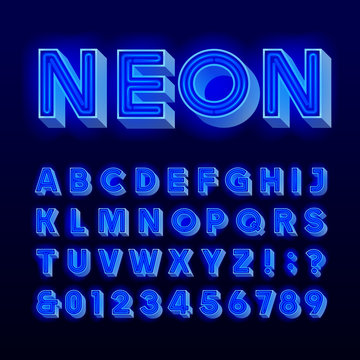 Retro sign alphabet. 3D vintage blue neon lamp letters and numbers. Signboard font. Stock vector typeface for any typography design.