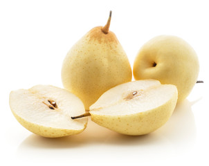 Two Nashi pears and two halves (Russet pear) isolated on white background yellow.