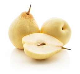 Two Nashi pears and one section half (Russet pear) isolated on white background yellow.