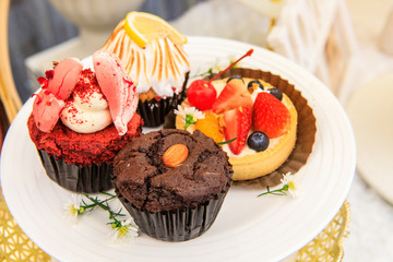 Fruit cake in the white plate.