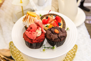 Fruit cake in the white plate.