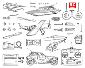 RC transport, remote control models. toys or instruments. set details. devices, equipment, tools for service and technical repair. boat or ship, technologies. radios system. engraved hand drawn.