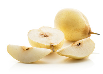 Nashi pears stack (Russet pear) one whole two slices one half isolated on white background yellow textured flesh.