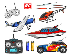 RC transport, remote control models. toys design elements for emblems. boat or ship and car or machine. revival radios tuner broadcasting system. Innovative technologies. engraved hand drawn.