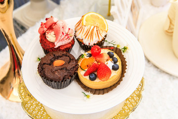 Fruit cake in the white plate.