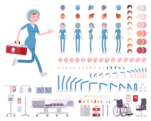 Fototapeta na wymiar Female nurse in hospital uniform character creation set