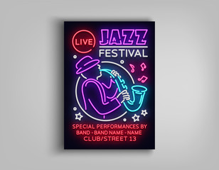 Jazz Festival Poster Neon. Neon sign, Neon style brochure, Design invitation template for Jazz music festival, Light Banner, Nightly advertisement of the festival, party, concert. Vector illustration