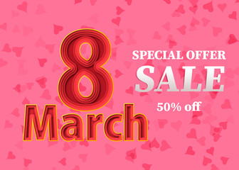Discount in 8 March. Sales in the Women's Day. Pattern with pink round stain. Happy holiday. Repeating background with spots. Flyer, advertising. Vector illustration, eps10
