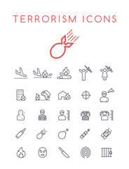 Set of Quality Universal Standard Minimal Simple Terrorism Black Thin Line Icons on White Background