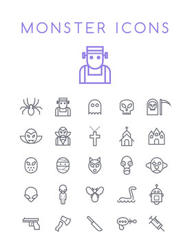 Set of Quality Universal Standard Minimal Simple Monsters Black Thin Line Icons on White Background