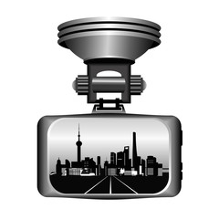 Dashboard camera for accident recording, screen with city view. Vector illustration isolated on white background.