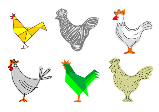 Set of sketches of a rooster. Stylized icons in vector graphics. Blank badges for brands