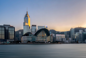 Fototapeta na wymiar Hong Kong cityscape in the evening over Victoria Harbour