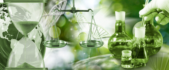 abstract image of the globe, weights,hourglass and medical flasks on blurred background