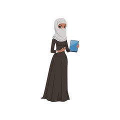 Arabic businesswoman character standing with electronic tablet, elegant muslim woman in traditional dress vector Illustration on a white background