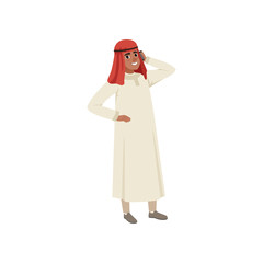 Arabic businessman character talking by pone, muslim man in traditional clothing vector Illustration on a white background