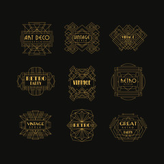 Decorative golden logo set in vintage style. Elegant retro emblems in geometric shape. Linear vector for business card, fashion boutique, party or wedding invitation