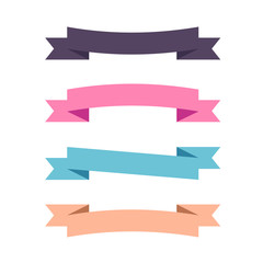 Flat vector four horizontal ribbons arrows and pointers banners. Set of decorative colored horizontal ribbons isolated on white. Vector ribbon set for page decor. 