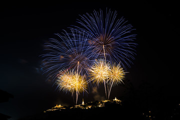 Firework over the mountain in the festival (Phra Nakhon Khiri) at Phetchaburi, Thailand. The castle on the mountain was built in the reign of King Rama IV.