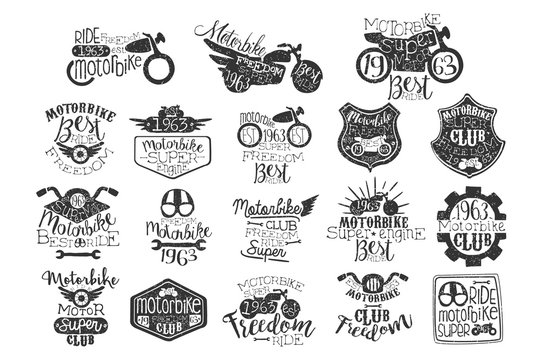 Hand drawn set of motorbike logos or stamps for biker club, repair service or motorcycle parts store. Original lettering. Vector for badge, label or t-shirt print