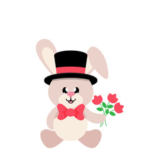 cartoon cute bunny sitting with tie and hat and with flowers