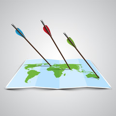 World map in 3D with arrows, vector.