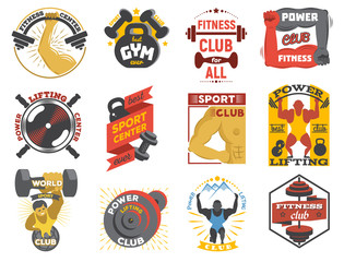 Fitness logo gym sports club of power lifting and bodybuilding logotype with bodybuilder or powerlifter illustration set of workout sportsman training isolated on white background