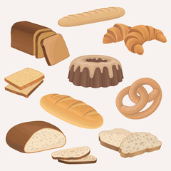 Bakery products shop vector icons set. Wheat and rye bread loaves, sliced bread toasts, croissant, chocolate cake, pretzel, french baguette. Vector on white