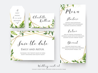 Wedding floral save the date, menu, place card & label template set. Vector modern, botanical card design with green forest fern leaves, greenery herbs border with luxury Geometrical golden decoration