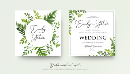 Wedding floral watercolor style double invite, invitation, save the date card design with forest greenery herbs, leaves, eucalyptus branches, fern fronds. Vector natural, botanical, elegant template © Alewiena