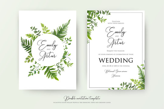Wedding floral watercolor style double invite, invitation, save the date card design with forest greenery herbs, leaves, eucalyptus branches, fern fronds. Vector natural, botanical, elegant template