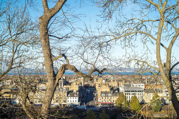A view of Princes Street from the Forecourt of Edinburgh Castle, Scotland, UK.